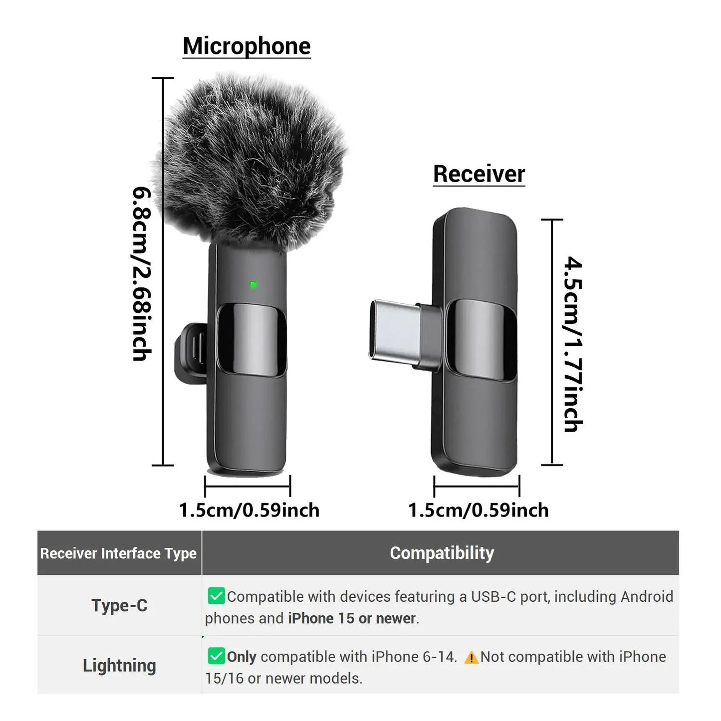 Professional wireless Audio Mic - Clip-On, Battery-Powered, Receiver Included, Recharge, Compact Plug-And-Play USB Lapel Mic for Iphone & Android.