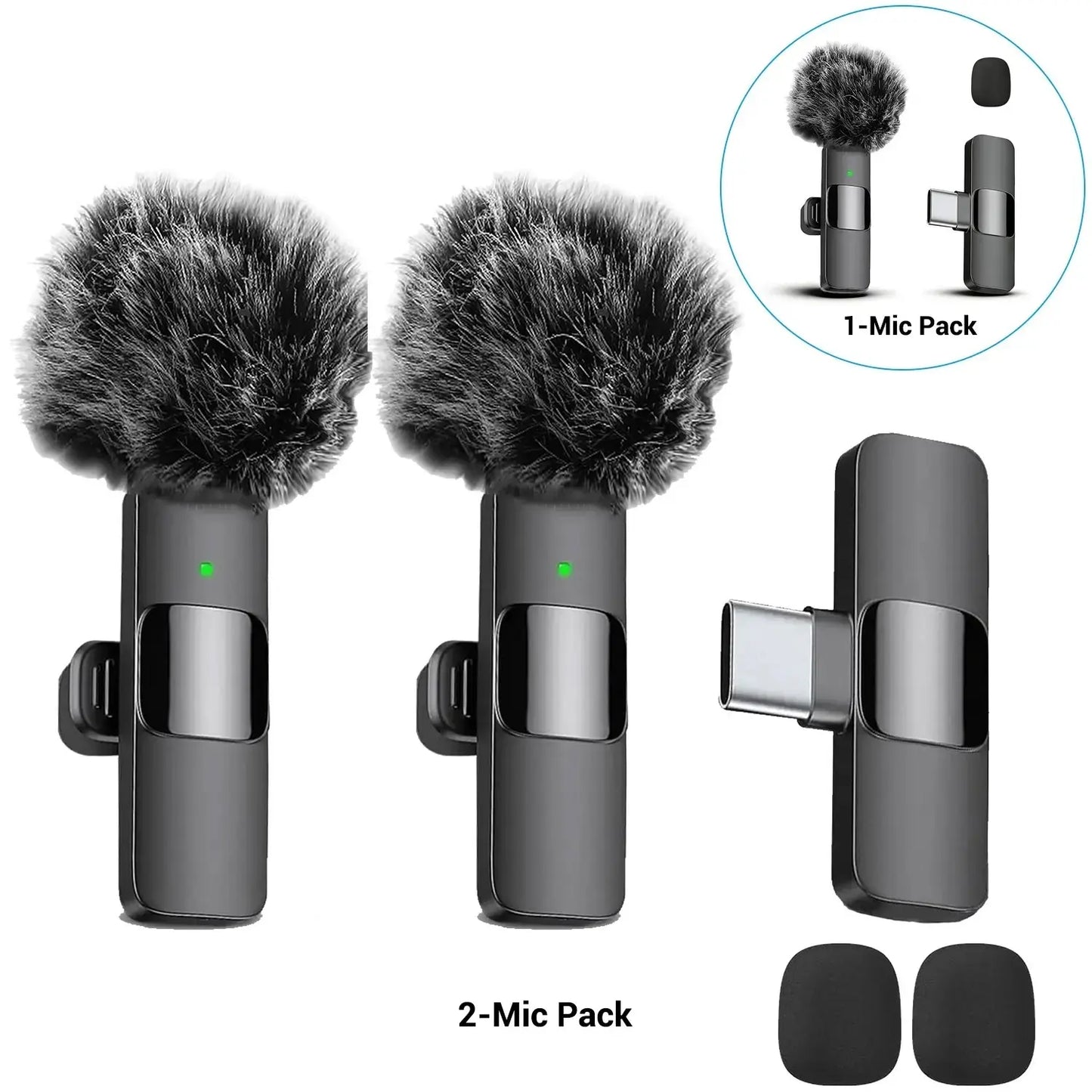 Professional wireless Audio Mic - Clip-On, Battery-Powered, Receiver Included, Recharge, Compact Plug-And-Play USB Lapel Mic for Iphone & Android.