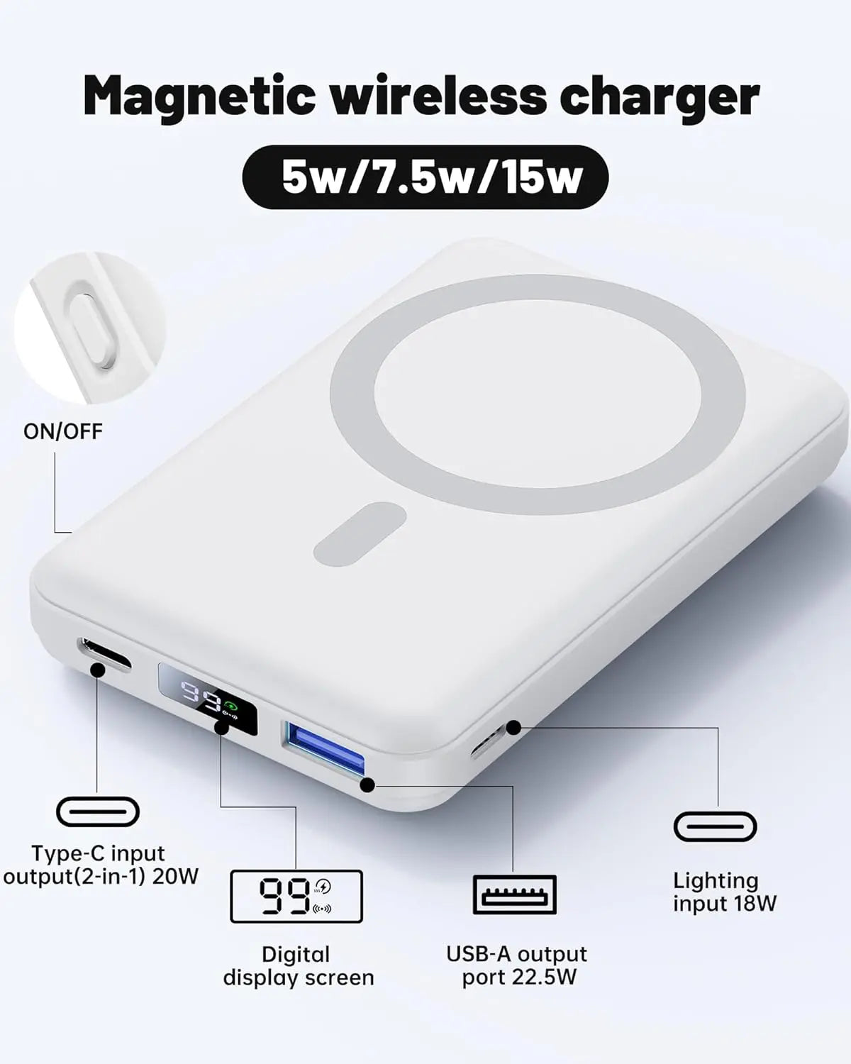Wireless Charging Power Bank, 10000 Mah Power Bank with Folding Stand and USB-C Cable LED Display, Magnetic Power Bank 22.5W PD Fast Charging for Iphone