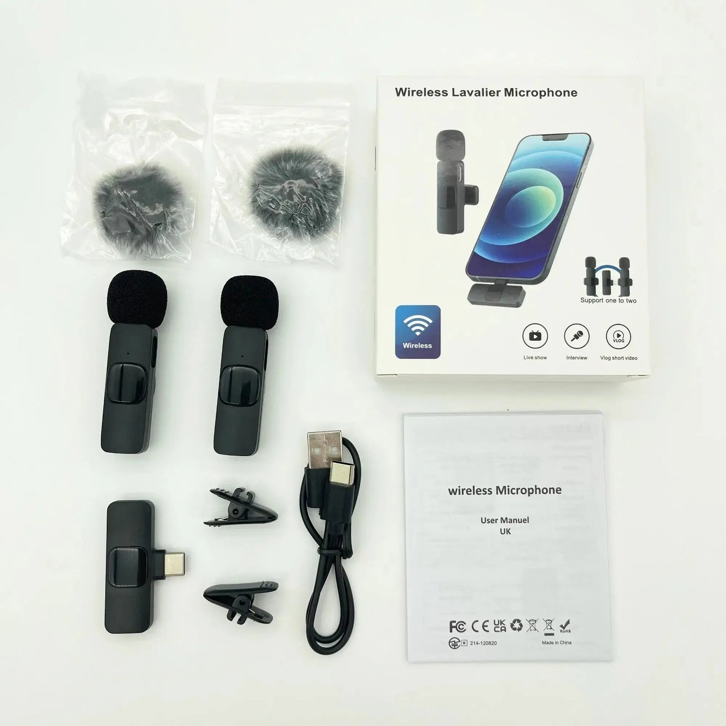 Professional wireless Audio Mic - Clip-On, Battery-Powered, Receiver Included, Recharge, Compact Plug-And-Play USB Lapel Mic for Iphone & Android.