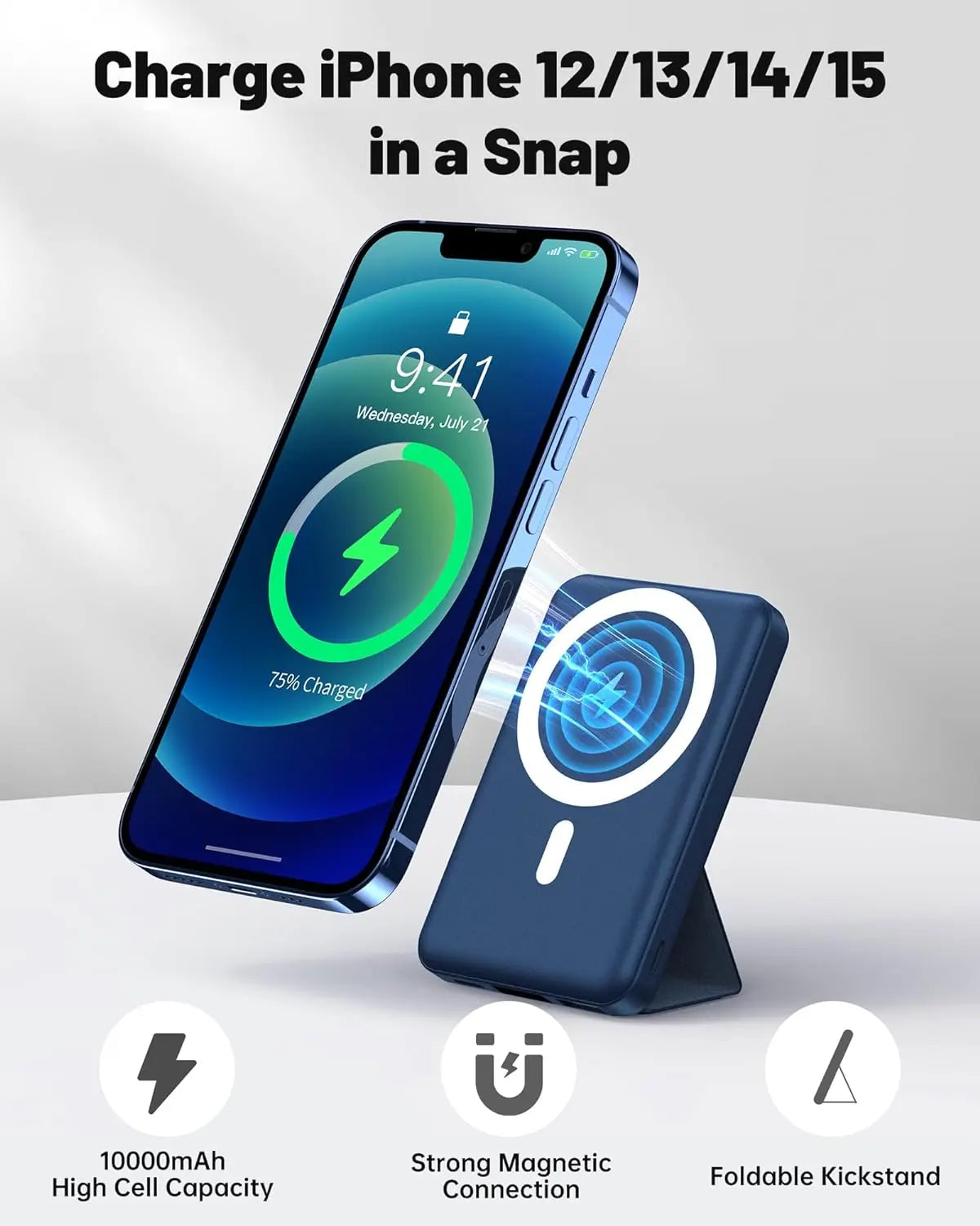 Wireless Charging Power Bank, 10000 Mah Power Bank with Folding Stand and USB-C Cable LED Display, Magnetic Power Bank 22.5W PD Fast Charging for Iphone