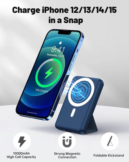 Wireless Charging Power Bank, 10000 Mah Power Bank with Folding Stand and USB-C Cable LED Display, Magnetic Power Bank 22.5W PD Fast Charging for Iphone