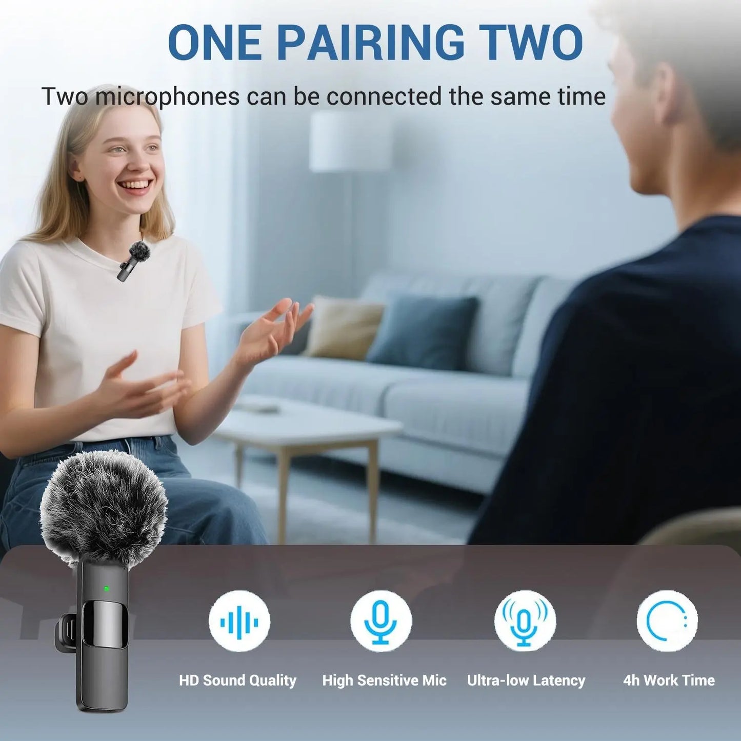Professional wireless Audio Mic - Clip-On, Battery-Powered, Receiver Included, Recharge, Compact Plug-And-Play USB Lapel Mic for Iphone & Android.