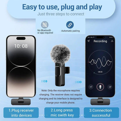 Professional wireless Audio Mic - Clip-On, Battery-Powered, Receiver Included, Recharge, Compact Plug-And-Play USB Lapel Mic for Iphone & Android.